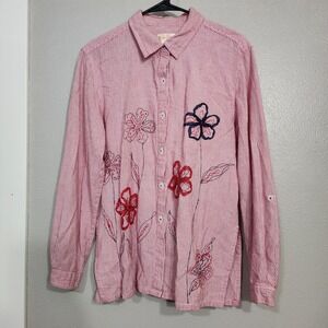 Bobbie Brooks Shirt Women Medium Button Up Top Red Stripe Floral Cottage Coastal